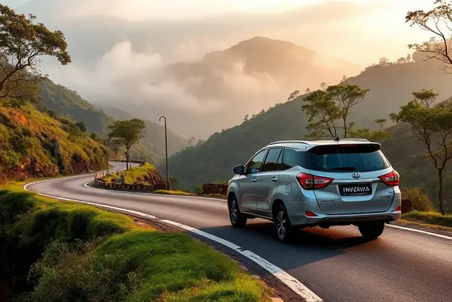 Silver Toyota Innova on a misty Araku ghat road